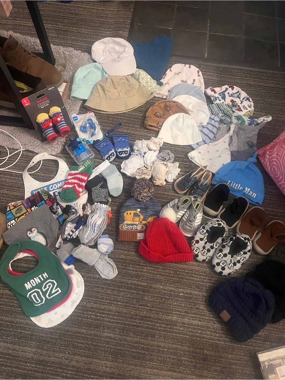 70pc bundled lot of newborn to 12 months boys socks, beanies, caps and shoes